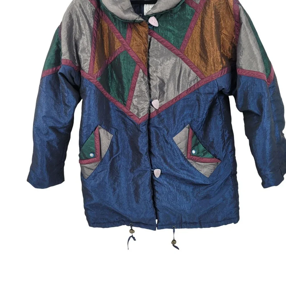 Vtg 80s Colorblock Nylon Winter‎ Jacket Coat Sz M Metallic Multicolor Geometric